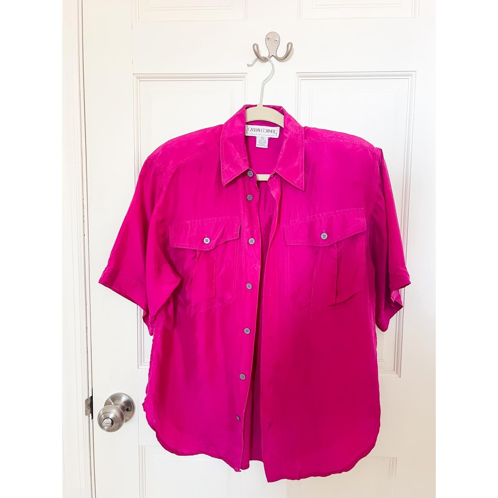 Vintage Casual Corner Hot Pink Fuschia 100% Silk Button Down Short Sleeve Shirt